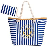  - Comius Sharp Bolsa de Playa Grande Rayas Azules Bolsa de Playa de Lona Bolsos de Mano Shopper Bolsa de Playa Bolsas de Viaje con Cremallera para Mujeres y Niñas (Azules)